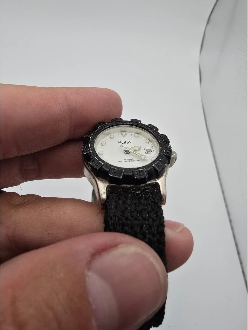 Polini Quartz Analog Watch Water-Resistant Date White Dial Black Fabric Strap